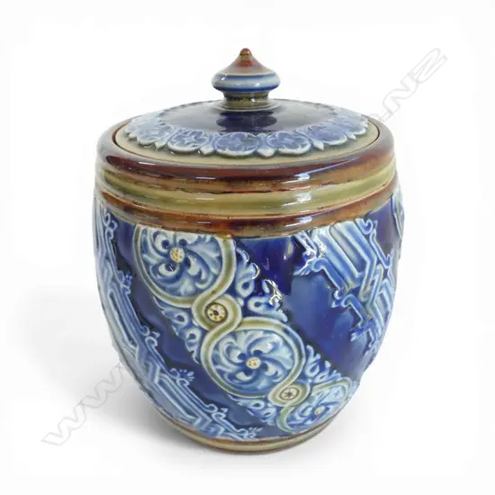 DOULTON SLATER'S PATENT Art Nouveau STONEWARE BISCUIT BARREL / HUMIDOR. H.140mm