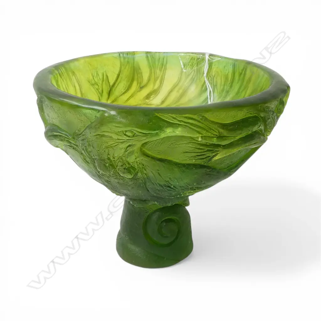 JOANNE SULLIVAN GREEN ART GLASS COMPORT H.130mm, 170mm SIGNED Image 1++