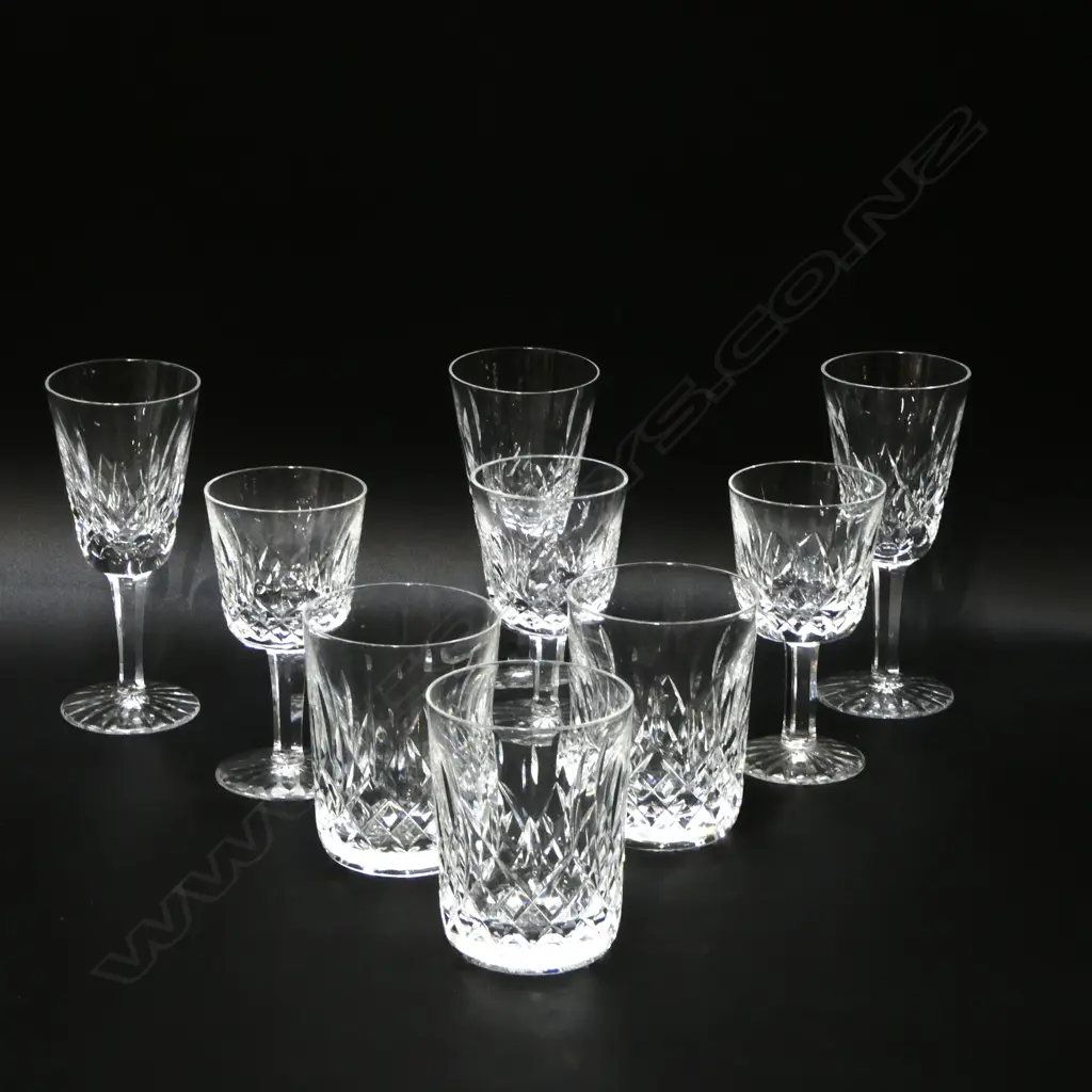 9 PCS WATERFORD CRYSTAL ‘LISMORE’ GLASSES; 3 TUMBLERS, 3 PORT WINE & 3 SHERRY, H.85mm-130mm Image 1++