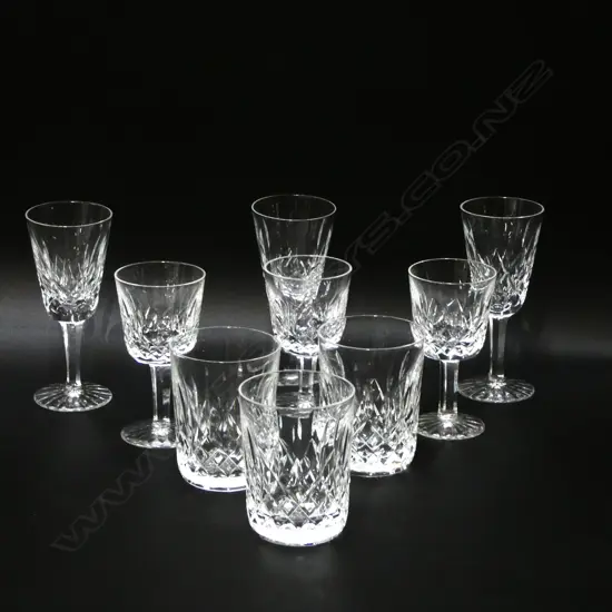 9 PCS WATERFORD CRYSTAL ‘LISMORE’ GLASSES; 3 TUMBLERS, 3 PORT WINE & 3 SHERRY, H.85mm-130mm