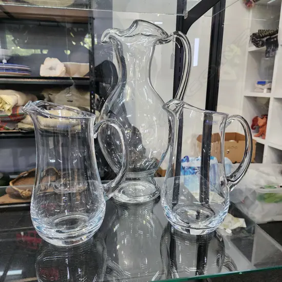 LARGE CLEAR GLASS H. 400 mm TWO SAMLLER KROSNO JUGS 230h. mm