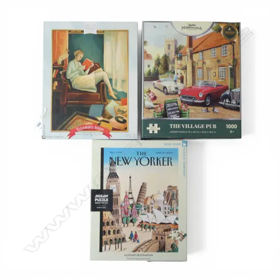 THREE 1000 PC JIGSAW PUZZLES; 2 NEW YORK PUZZLE CO, & THE VILLAGE PUB