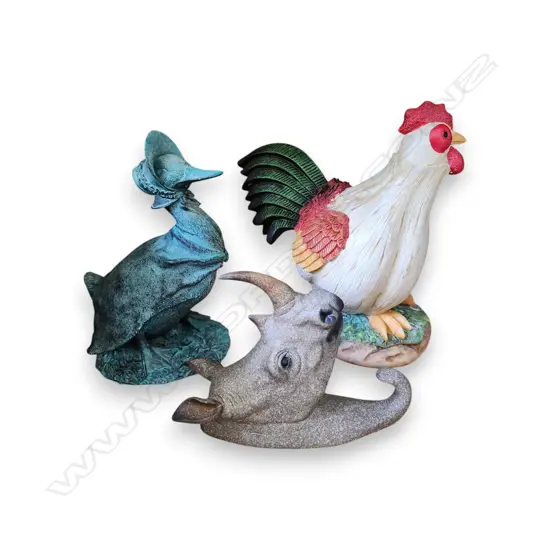 MADAME DUCK GARDEN ORNAMENT, ROOSTER AND RHINO-SHAPED WALL HANGER around 250 H. mm each