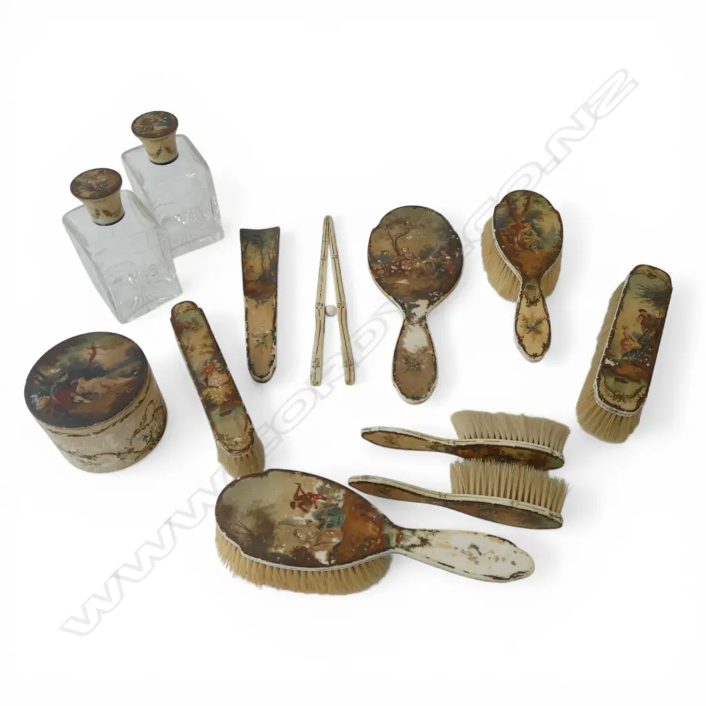ANTIQUE FRENCH HAND-PAINTED IVORY 12 PCE SET; 6 brush, mirror, glove stretcher, shoe horn, container, 2 scent bottles Image 1++
