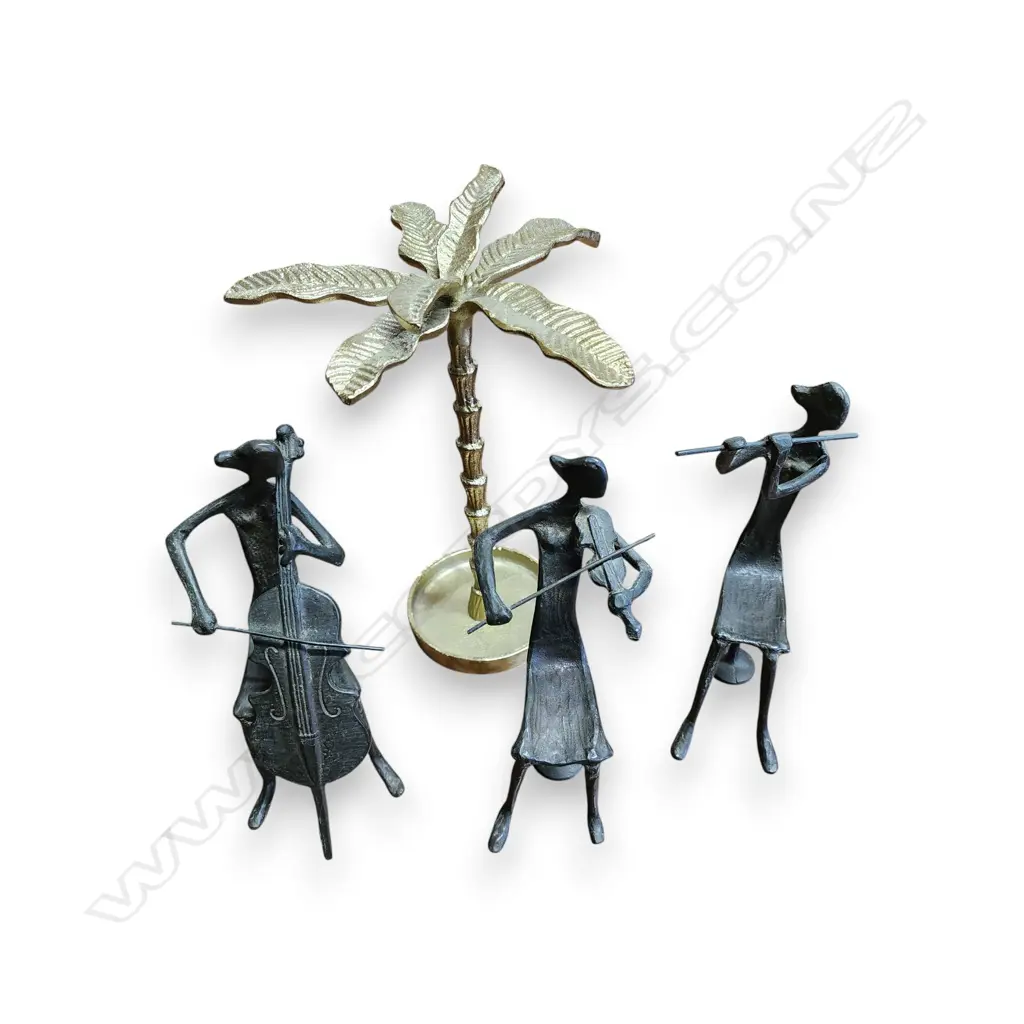 3 METAL MUSICIAN SCULPTURES AND BRASS PALM TREE around 250h. mm each Image 1++