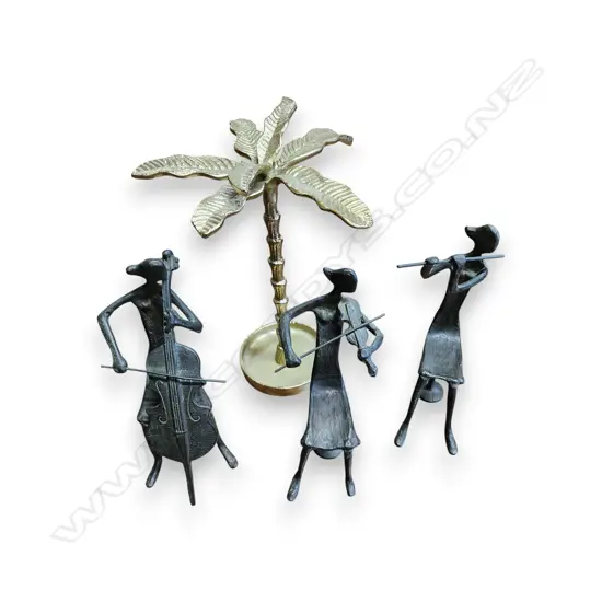 3 METAL MUSICIAN SCULPTURES AND BRASS PALM TREE around 250h. mm each