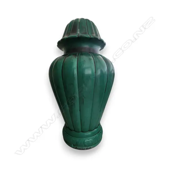 GREEN CERAMIC TABLE LAMP REQ. REWIRING, MARKED "BEVERLEY HALL" 400 x 230 mm