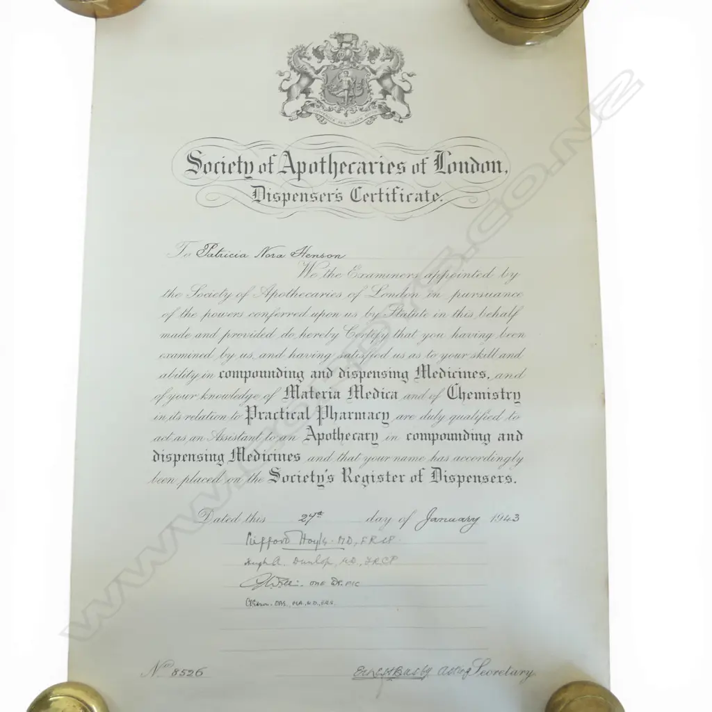 SIGNED DISPENSERIES CERTIFICATE BY THE SOCIETY OF APOTHECARIES OF LONDON DATED 1943 Image 1++
