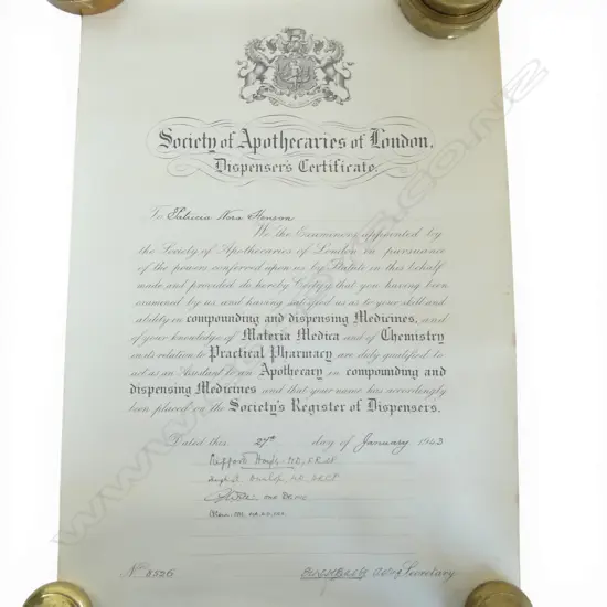 SIGNED DISPENSERIES CERTIFICATE BY THE SOCIETY OF APOTHECARIES OF LONDON DATED 1943
