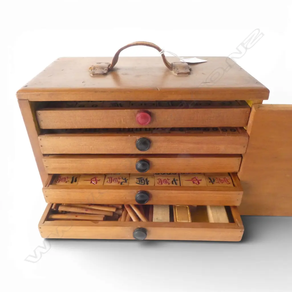 5 DRAWER CASED MAHJONG SET with all wooden tiles & makers Image 1++