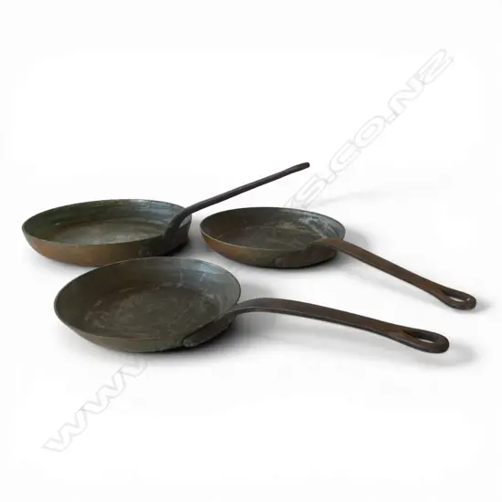 3 FRENCH COPPER FRY PANS 275mm dia
