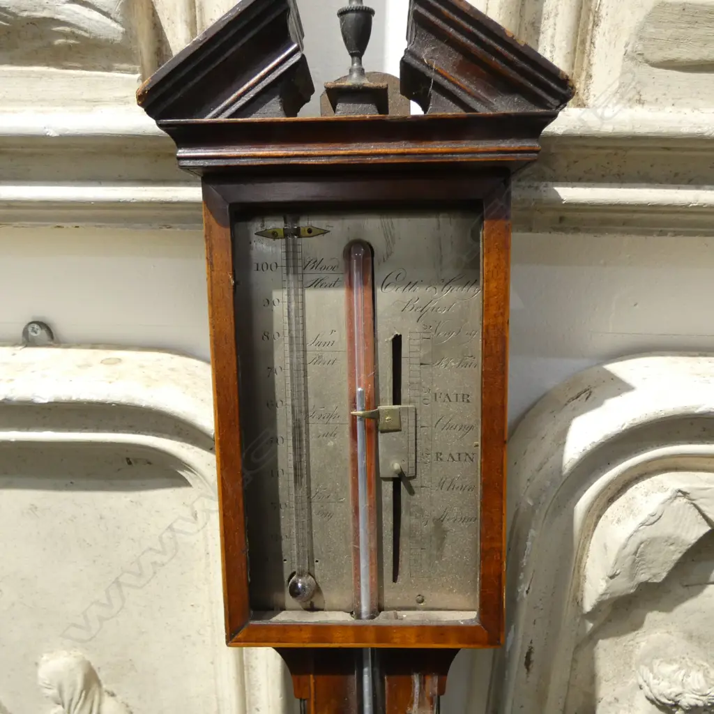 REGENCY IRISH MAHOGANY STICK BAROMETER architectual pediment. By Cetti & Gully of Belfast. Some faults. L.970mm Image 1++