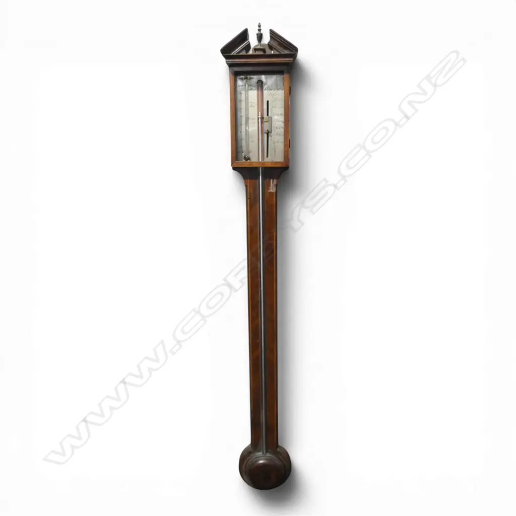 REGENCY IRISH MAHOGANY STICK BAROMETER architectual pediment. By Cetti & Gully of Belfast. Some faults. L.970mm Image 1++