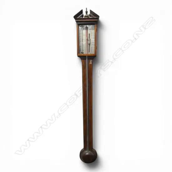 REGENCY IRISH MAHOGANY STICK BAROMETER architectual pediment. By Cetti & Gully of Belfast. Some faults. L.970mm