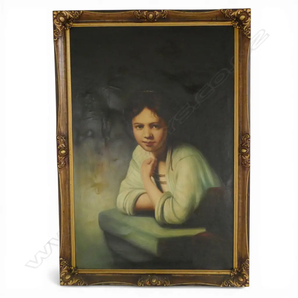 AFTER REMBRANDT, 'GIRL AT THE WINDOW', OIL ON CANVAS, 900 X 600mm  (A/F TEAR IN CANVAS) Image 1++