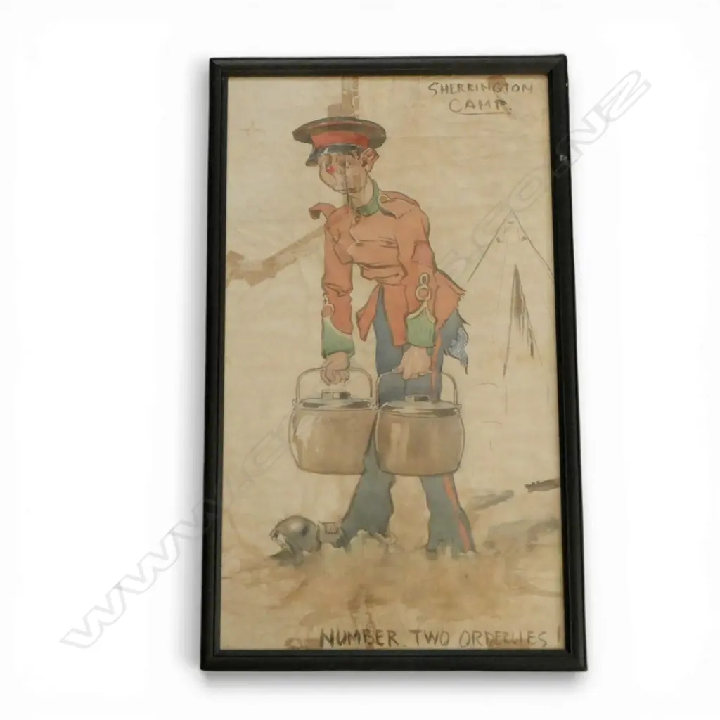 BRUCE BAIRNSFATHER, SHERRINGTON CAMP - NUMBER TWO ORDERLIES, W/C, WALLIS & WALLIS AUCTION LABEL VERSO, fault, 860x495mm Image 1++