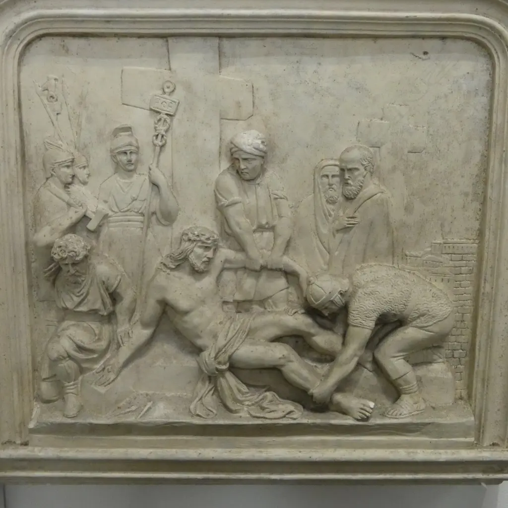 14 FRENCH c.1900s PLASTER 'STATIONS OF THE CROSS' PANELS, some faults, 570 x 60 x 515mm Image 1++