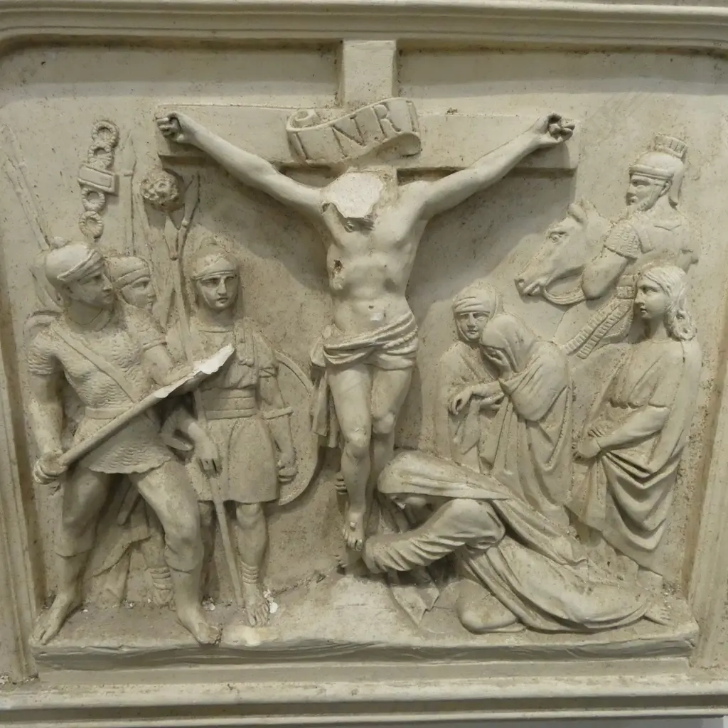 14 FRENCH c.1900s PLASTER 'STATIONS OF THE CROSS' PANELS, some faults, 570 x 60 x 515mm Image 1++