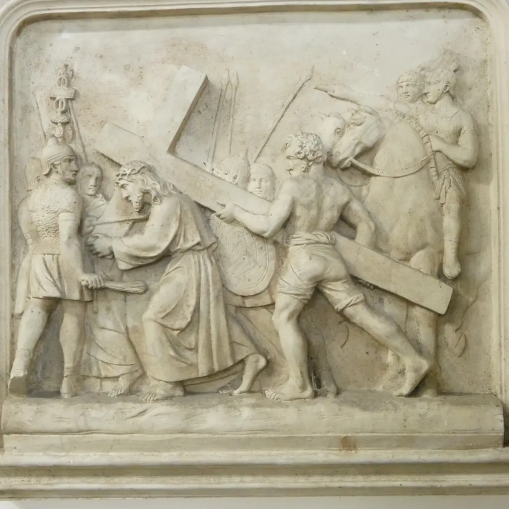 14 FRENCH c.1900s PLASTER 'STATIONS OF THE CROSS' PANELS, some faults, 570 x 60 x 515mm Image 1++