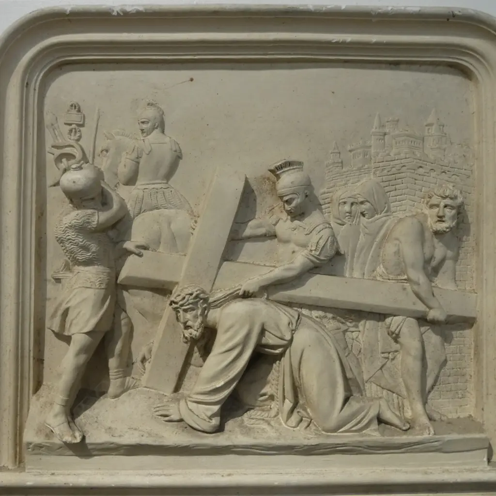 14 FRENCH c.1900s PLASTER 'STATIONS OF THE CROSS' PANELS, some faults, 570 x 60 x 515mm Image 1++