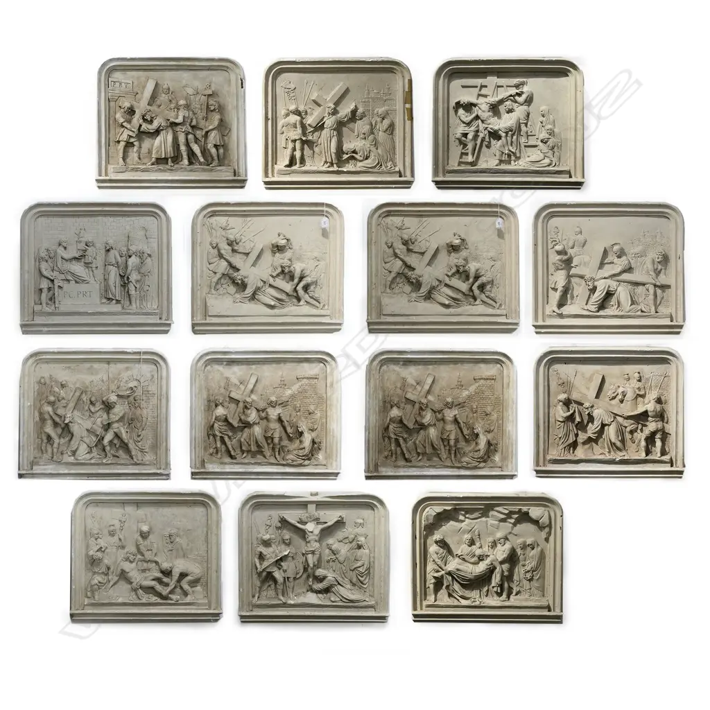 14 FRENCH c.1900s PLASTER 'STATIONS OF THE CROSS' PANELS, some faults, 570 x 60 x 515mm Image 1++