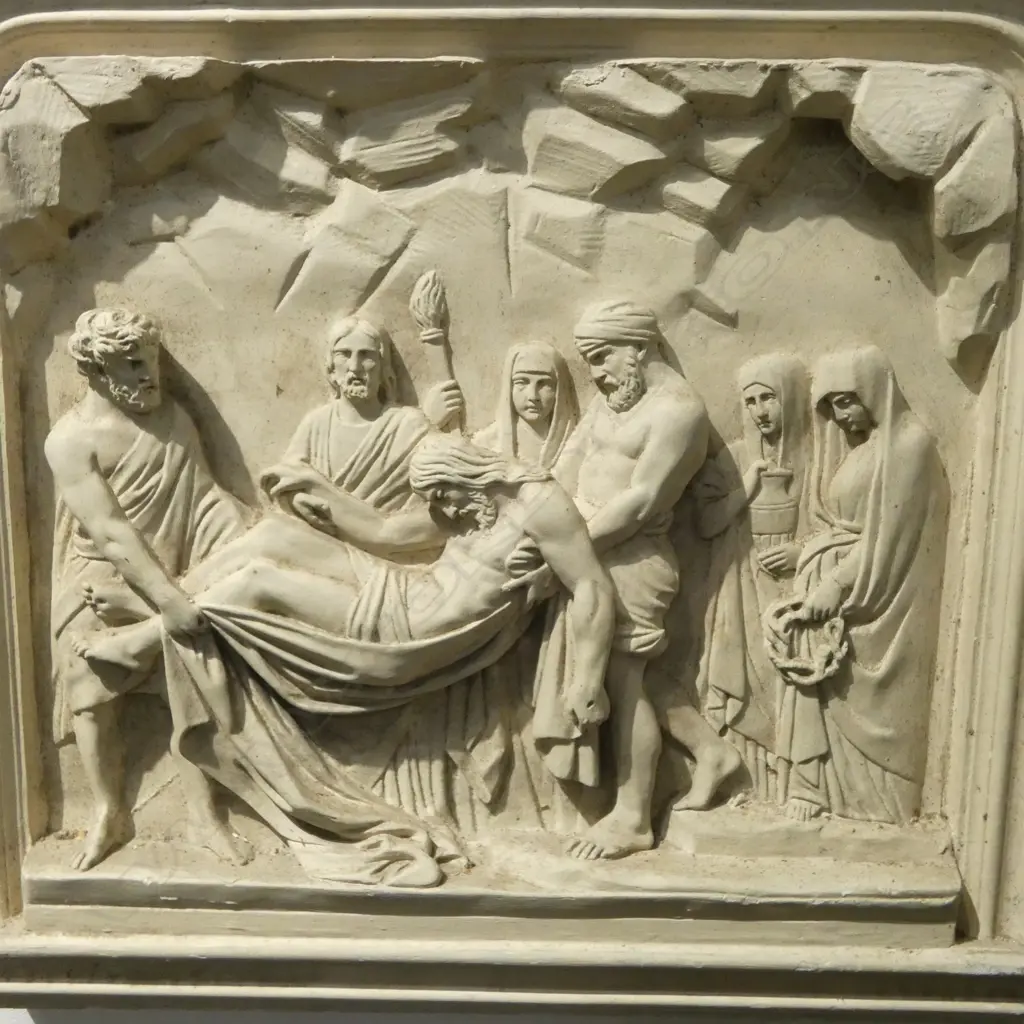 14 FRENCH c.1900s PLASTER 'STATIONS OF THE CROSS' PANELS, some faults, 570 x 60 x 515mm Image 1++