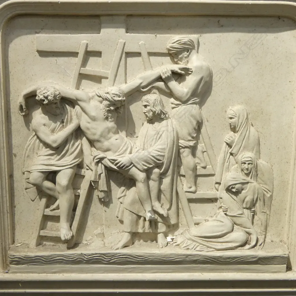 14 FRENCH c.1900s PLASTER 'STATIONS OF THE CROSS' PANELS, some faults, 570 x 60 x 515mm Image 1++