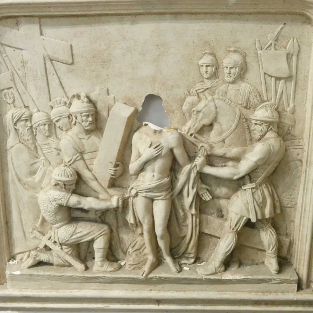 14 FRENCH c.1900s PLASTER 'STATIONS OF THE CROSS' PANELS, some faults, 570 x 60 x 515mm Image 1++