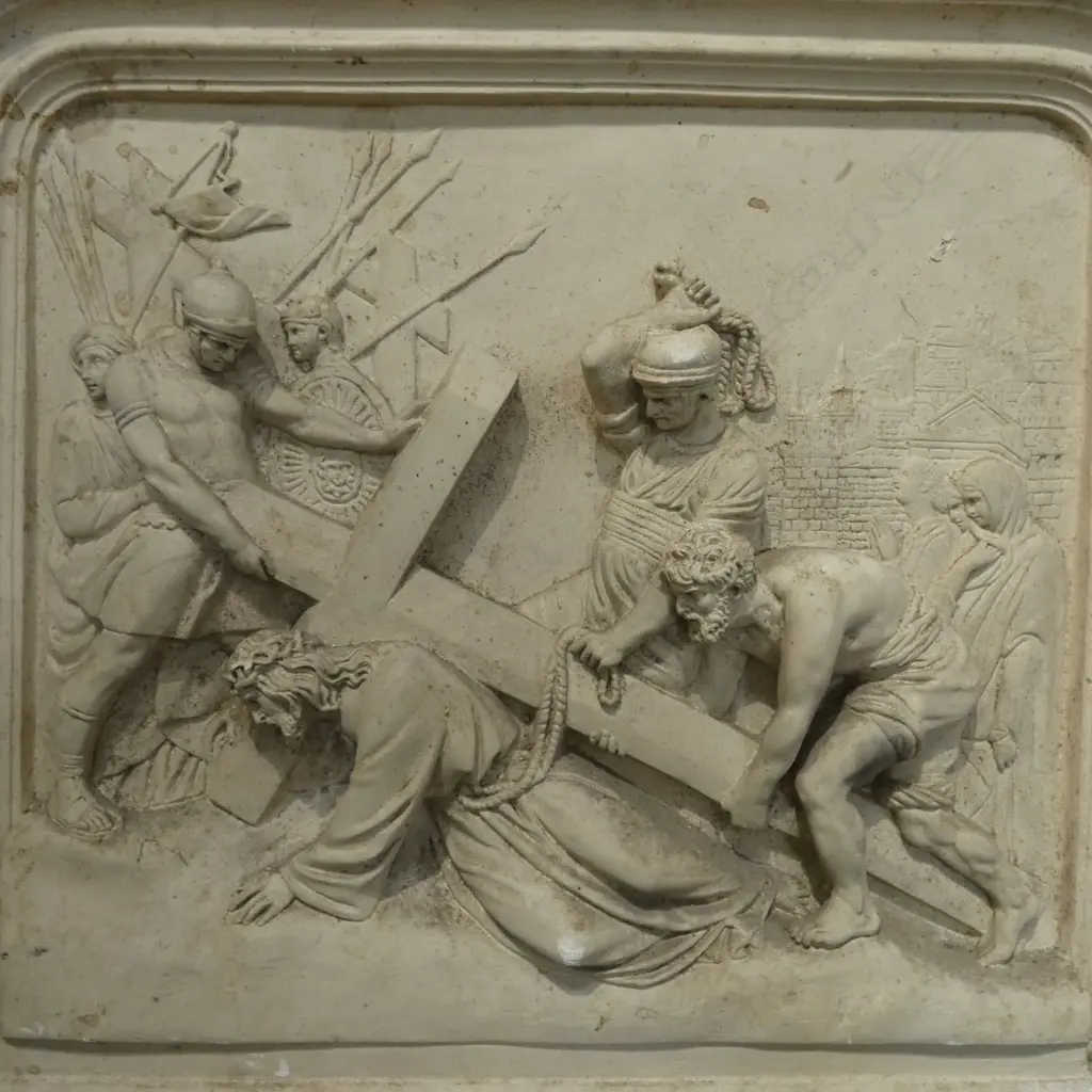 14 FRENCH c.1900s PLASTER 'STATIONS OF THE CROSS' PANELS, some faults, 570 x 60 x 515mm Image 1++