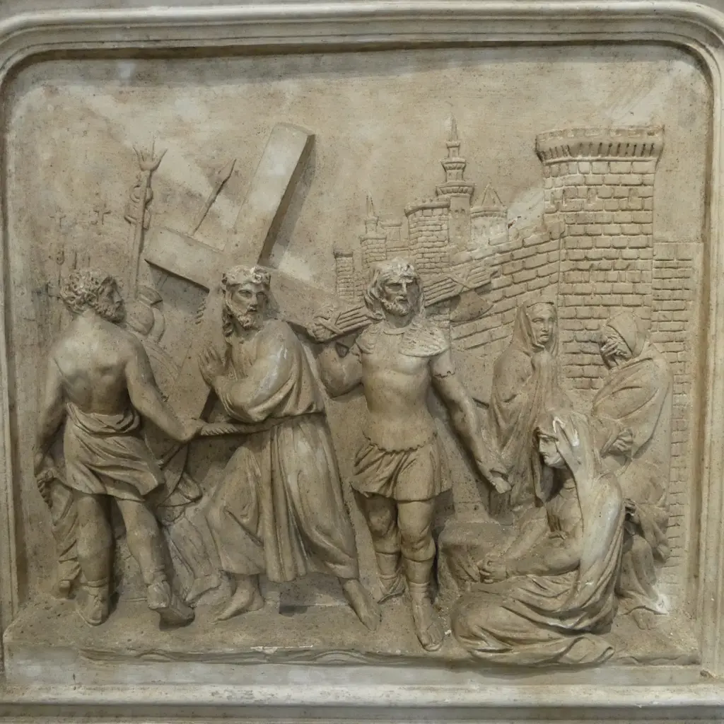 14 FRENCH c.1900s PLASTER 'STATIONS OF THE CROSS' PANELS, some faults, 570 x 60 x 515mm Image 1++