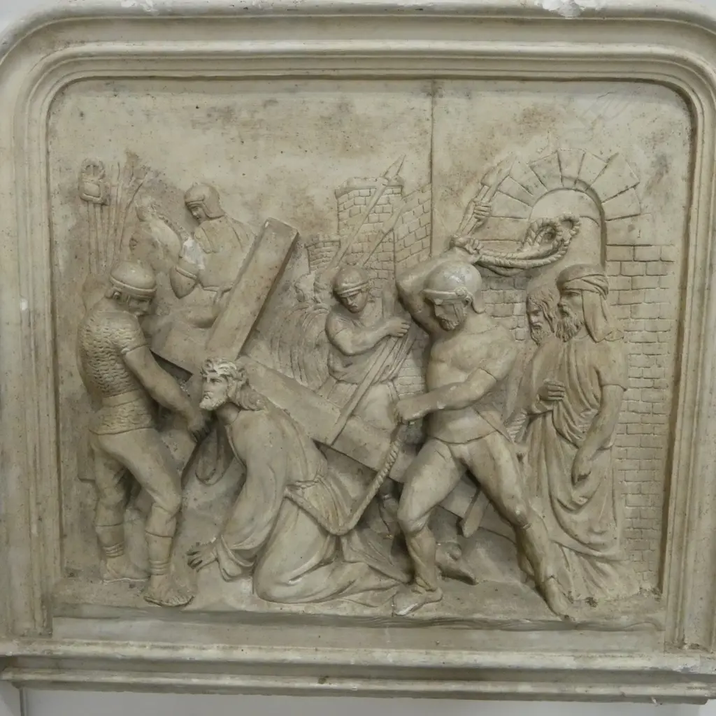 14 FRENCH c.1900s PLASTER 'STATIONS OF THE CROSS' PANELS, some faults, 570 x 60 x 515mm Image 1++