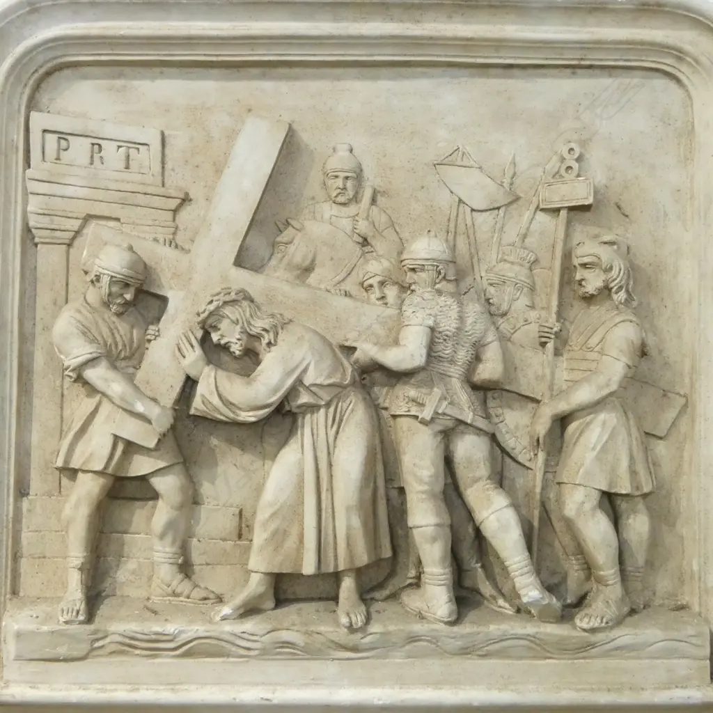 14 FRENCH c.1900s PLASTER 'STATIONS OF THE CROSS' PANELS, some faults, 570 x 60 x 515mm Image 1++