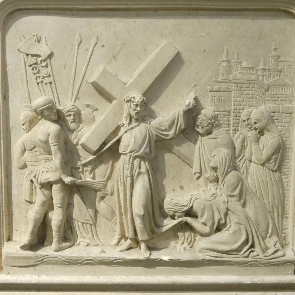 14 FRENCH c.1900s PLASTER 'STATIONS OF THE CROSS' PANELS, some faults, 570 x 60 x 515mm Image 1++