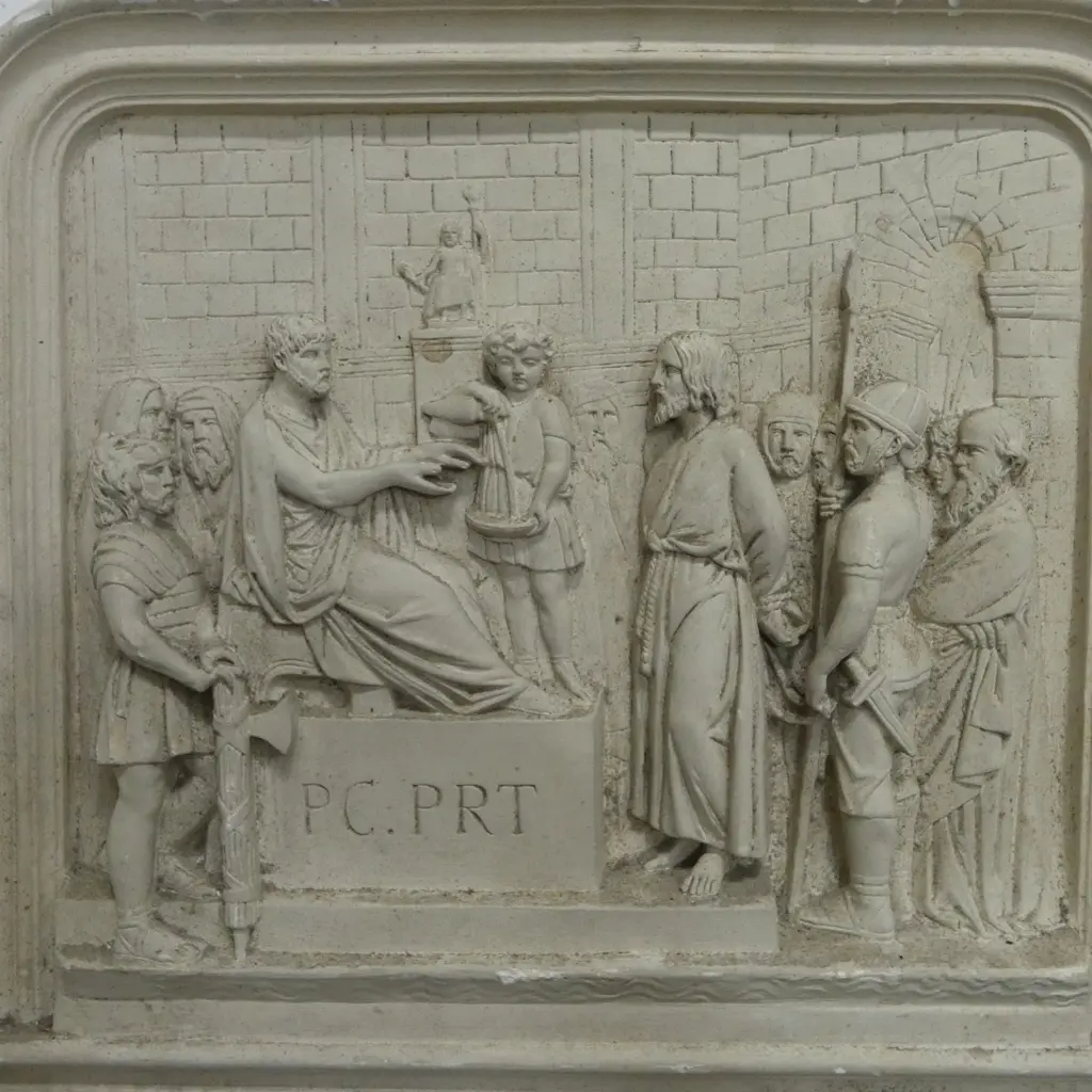 14 FRENCH c.1900s PLASTER 'STATIONS OF THE CROSS' PANELS, some faults, 570 x 60 x 515mm Image 1++