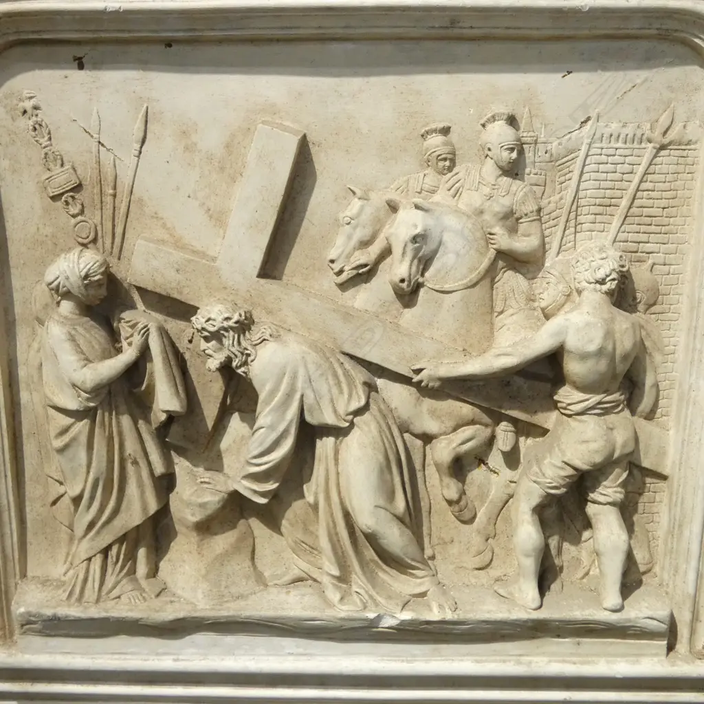 14 FRENCH c.1900s PLASTER 'STATIONS OF THE CROSS' PANELS, some faults, 570 x 60 x 515mm Image 1++