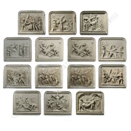 14 FRENCH c.1900s PLASTER 'STATIONS OF THE CROSS' PANELS, some faults, 570 x 60 x 515mm