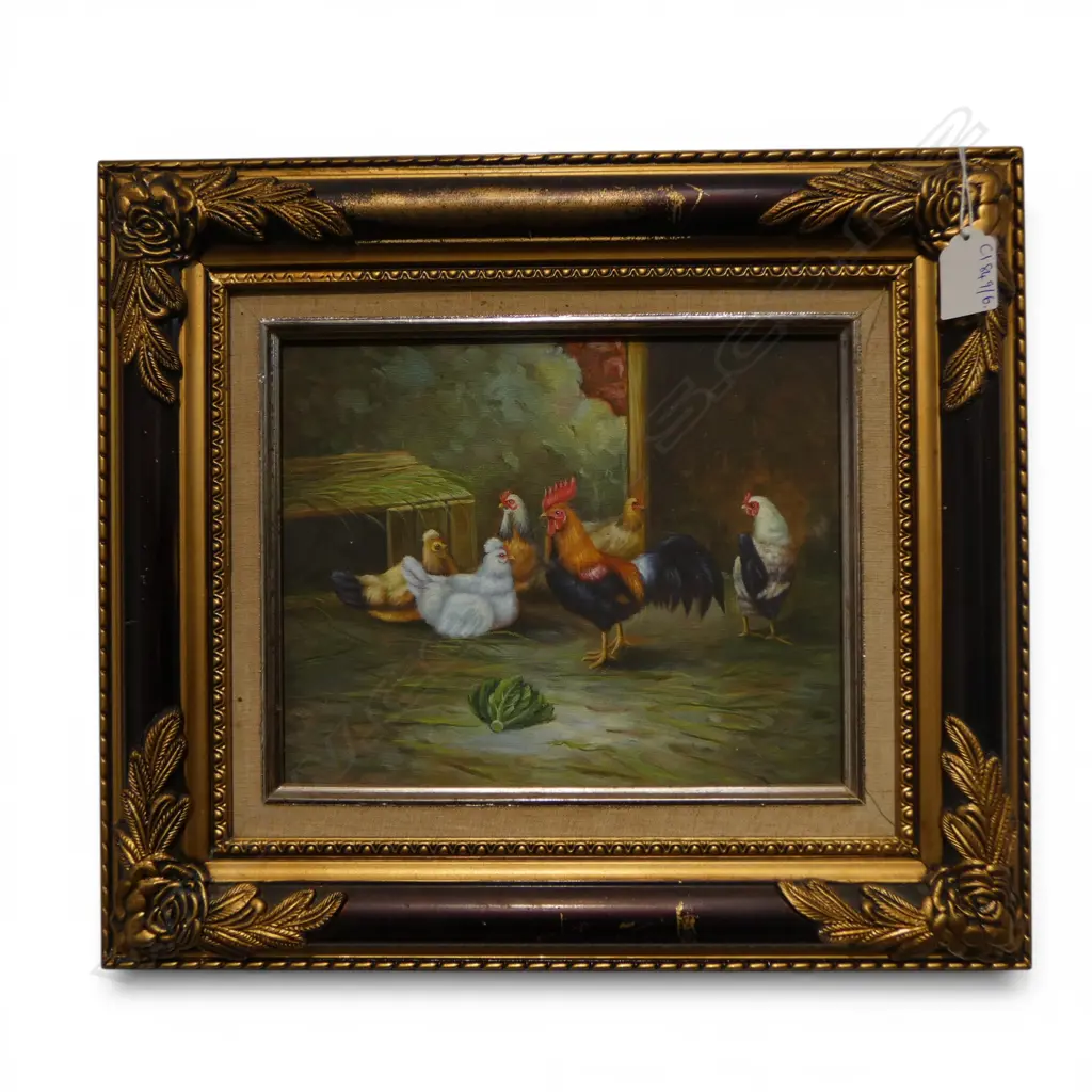 ARTIST UNKNOWN, ROOSTER & CHICKENS, OIL ON BOARD 195x250mm Image 1++