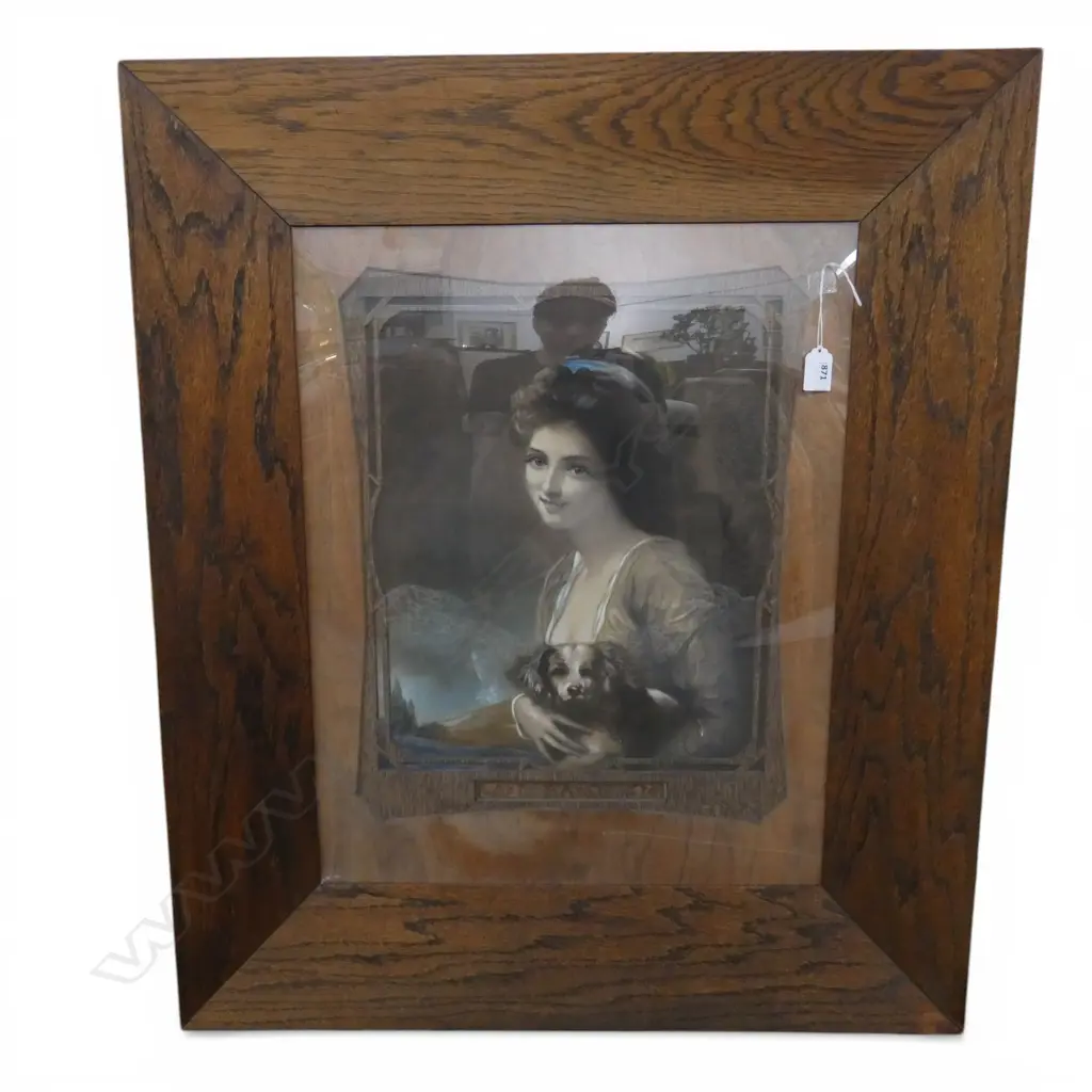 C.1900 'LADY HAMILTON' portrait with dog hand coloured PRINT fret cut Art Nouveau mount & frame 820 x 710mm Image 1++