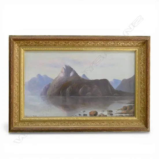 JAMES PEELE, LION ROCK, MILFORD SOUND, OIL ON BOARD, 330 x  550mm