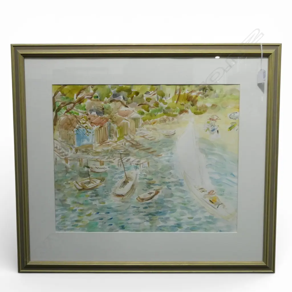 RICHARD CHRISP, BEACH SCENE WITH BOATS SHEDS AND YACHTS, WATERCOLOUR, 400x500mm Image 1++