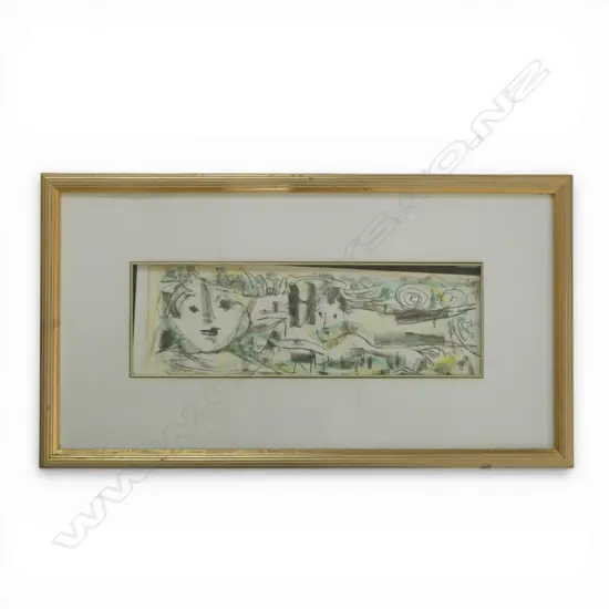 YEHUDA BACON, TOWNSCAPE AND FACES, COLOURED PENCIL AND CHARCOAL, SIGNED, 145 X 470mm (WORK HAS SLIPPED IN MOUNT)