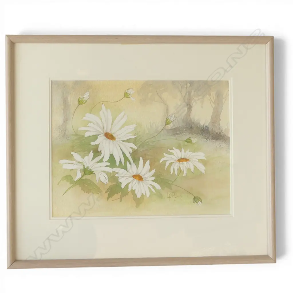 FRAMED & SIGNED WATERCOLOR, WHITE DAISIES, 230 x 300mm Image 1++