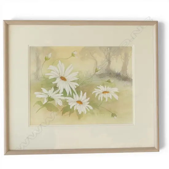 FRAMED & SIGNED WATERCOLOR, WHITE DAISIES, 230 x 300mm