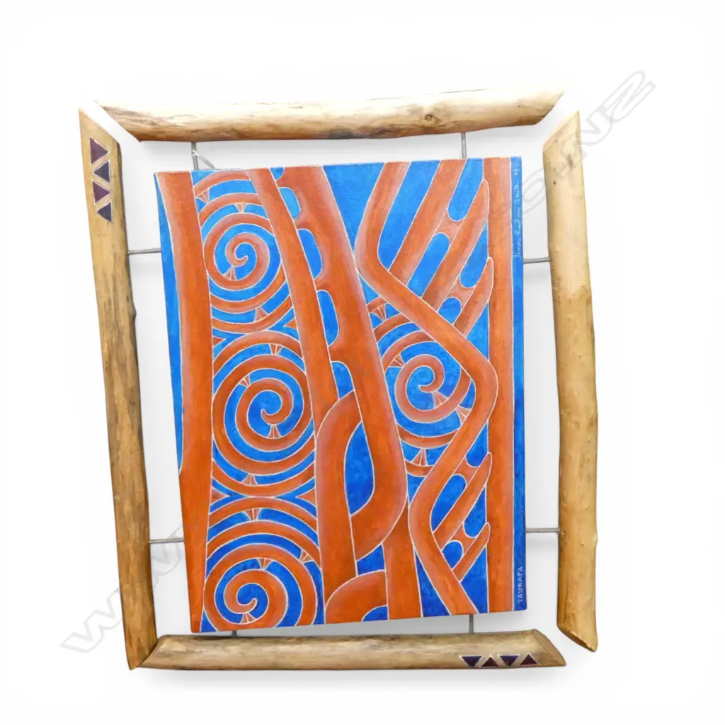 JIMMI KAIHAU SMITH 'TAURAPA' ACRYLIC ON CANVAS w. NATURAL WOOD FRAME 300x400mm Image 1++