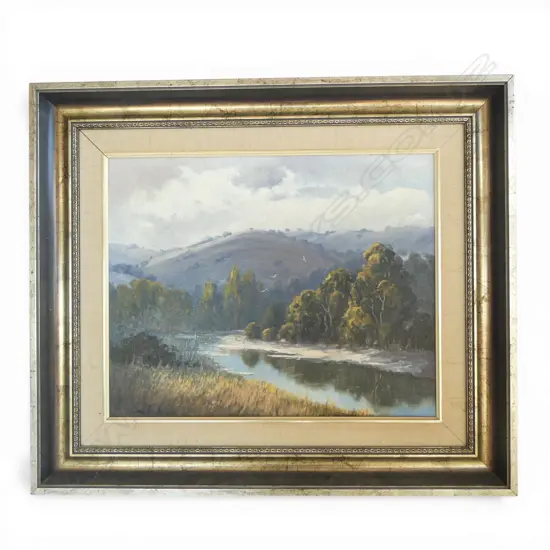 JOE HUBER, RIVER LANDSCAPE, OIL ON BOARD 395x495mm