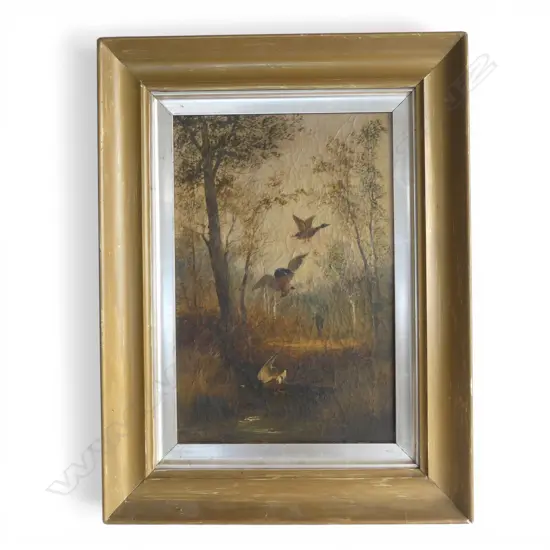 ANTIQUE OIL ON CANVAS, DUCK SHOOTING SCENE, SIGNED WAGNER? 450x300mm