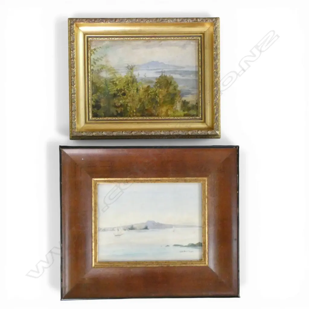 2 VIEWS OF RANGITOTO, J. ROBERTSON WC 140x190mm, ARTIST UNKNOWN, OIL ON BOARD 140x200mm Image 1++