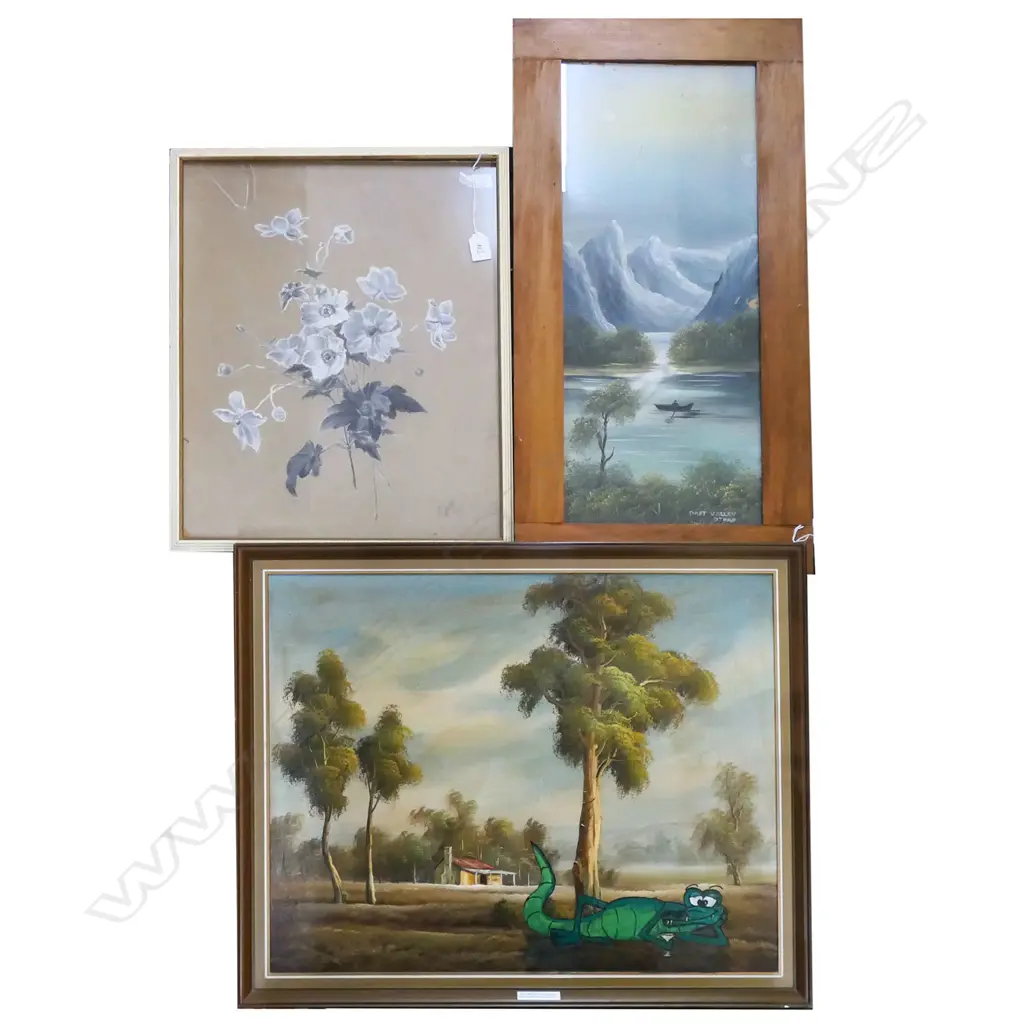 3 ARTWORKS; FLOWERS SIGNED 1905, CHAS EAST 'DART VALLEY OTAGO', PHIL HANNAGAN 'SALT WATER CROCODILE' ACRYLIC 490x620mm Image 1++