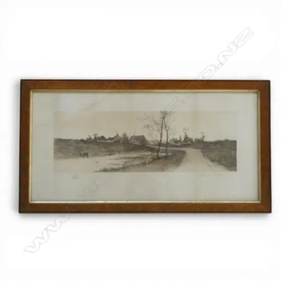 SIGNED LANDSCPE ETCHING, OAK FRAME 405x760mm overall size