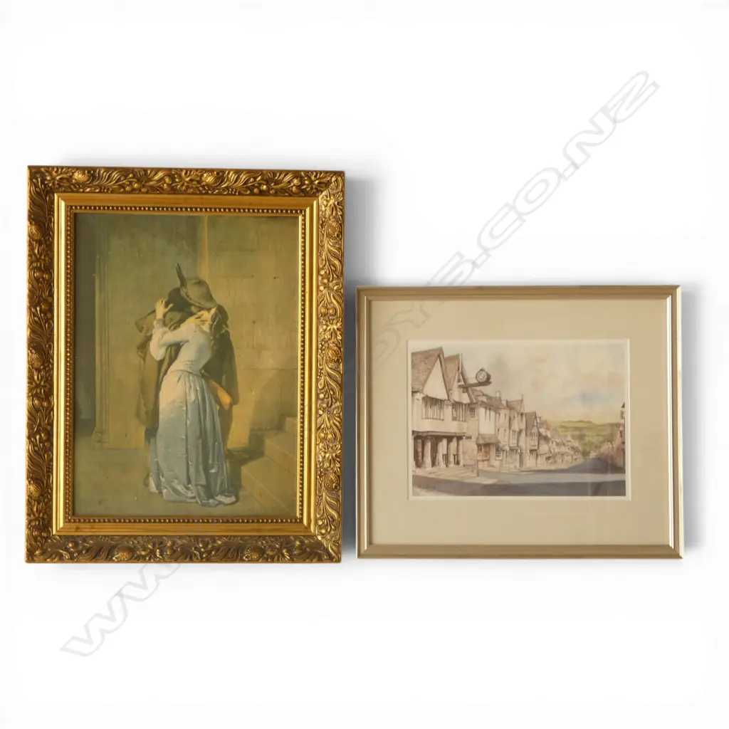 TWO PICTURES, W/C REPRO UK VILLAGE SCENE & STOLEN KISS in ornate frame Image 1++